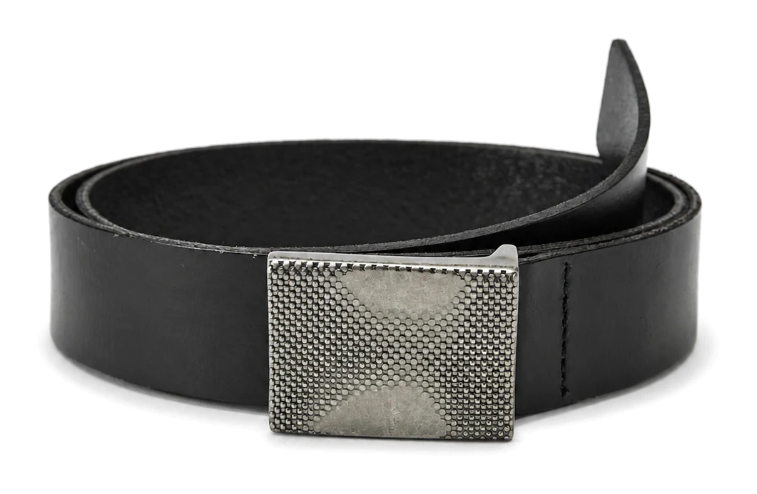 Leather dress belt with a plaque buckle on a transparent background