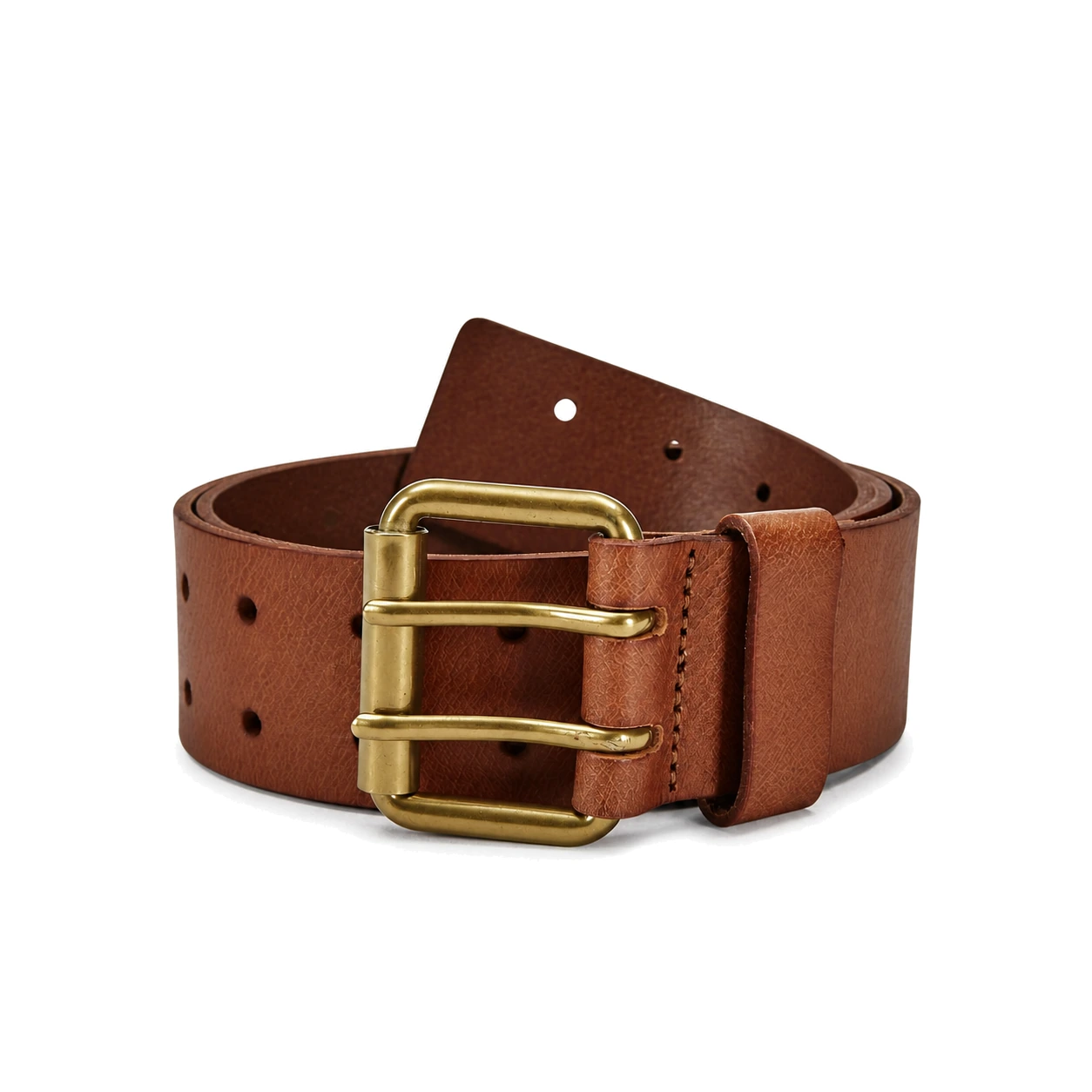 Wide brown belt with a double-prong brass buckle and two rows of holes