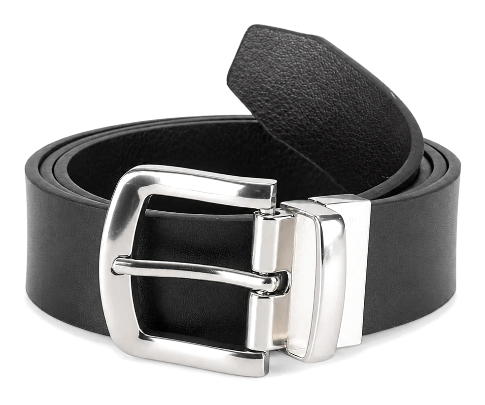 Black classic prong-buckle belt with a visible keeper and adjustment holes