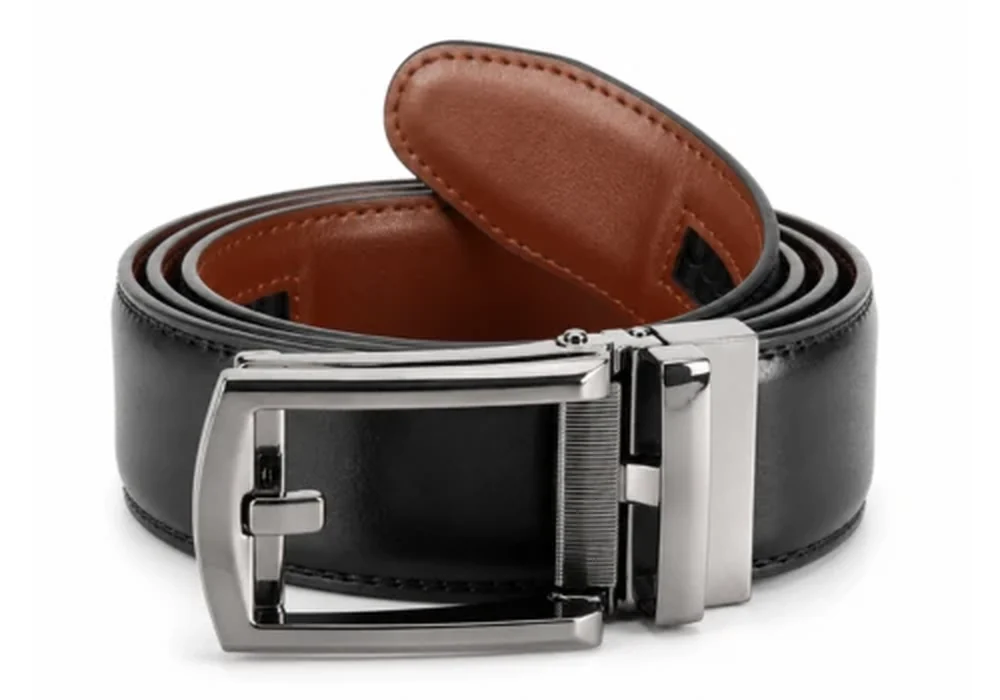 Catalog view of a coiled black and brown automatic ratchet belt
