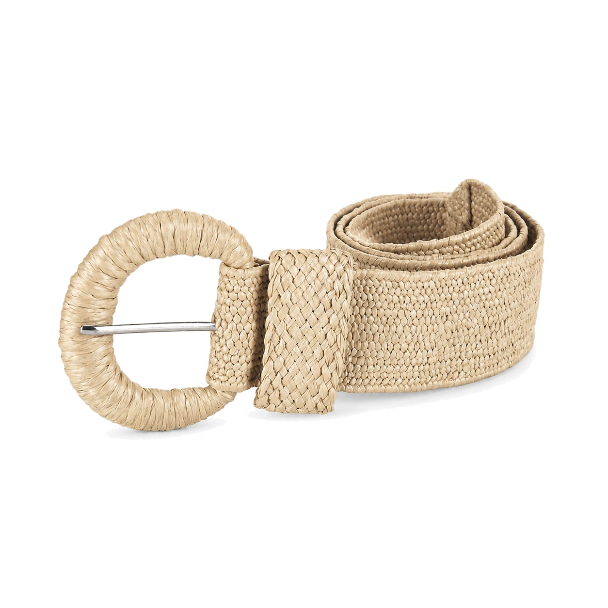 Beige woven belt with a wrapped round buckle on a neutral background