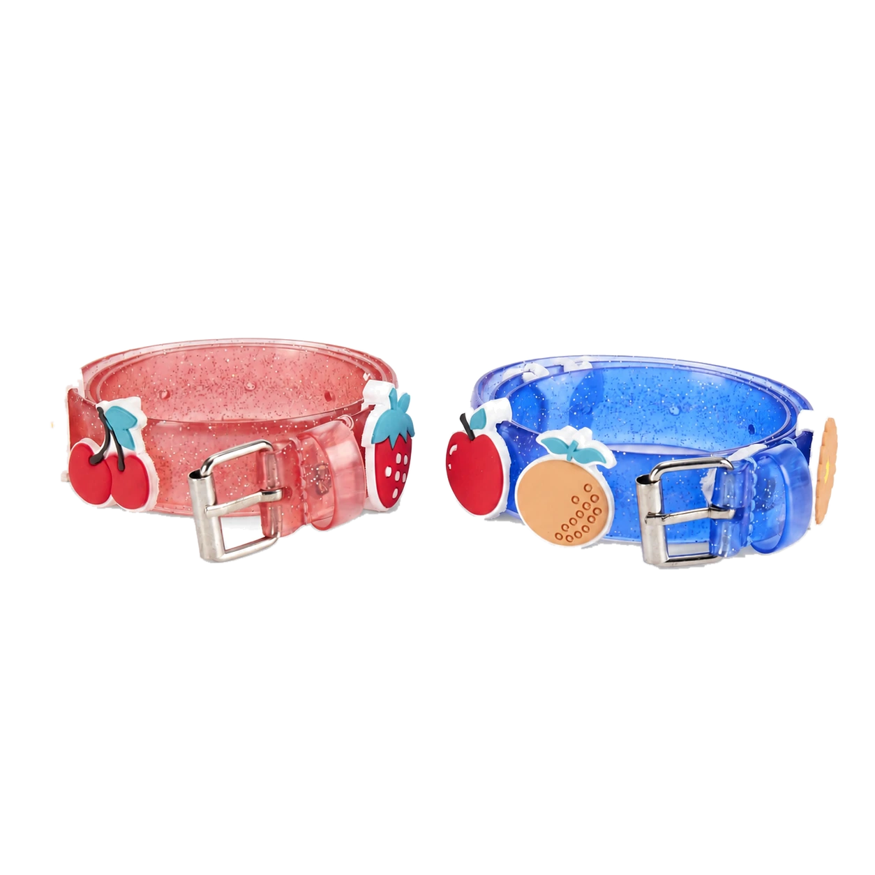 Two colorful kids belts with fruit decorations and prong buckles