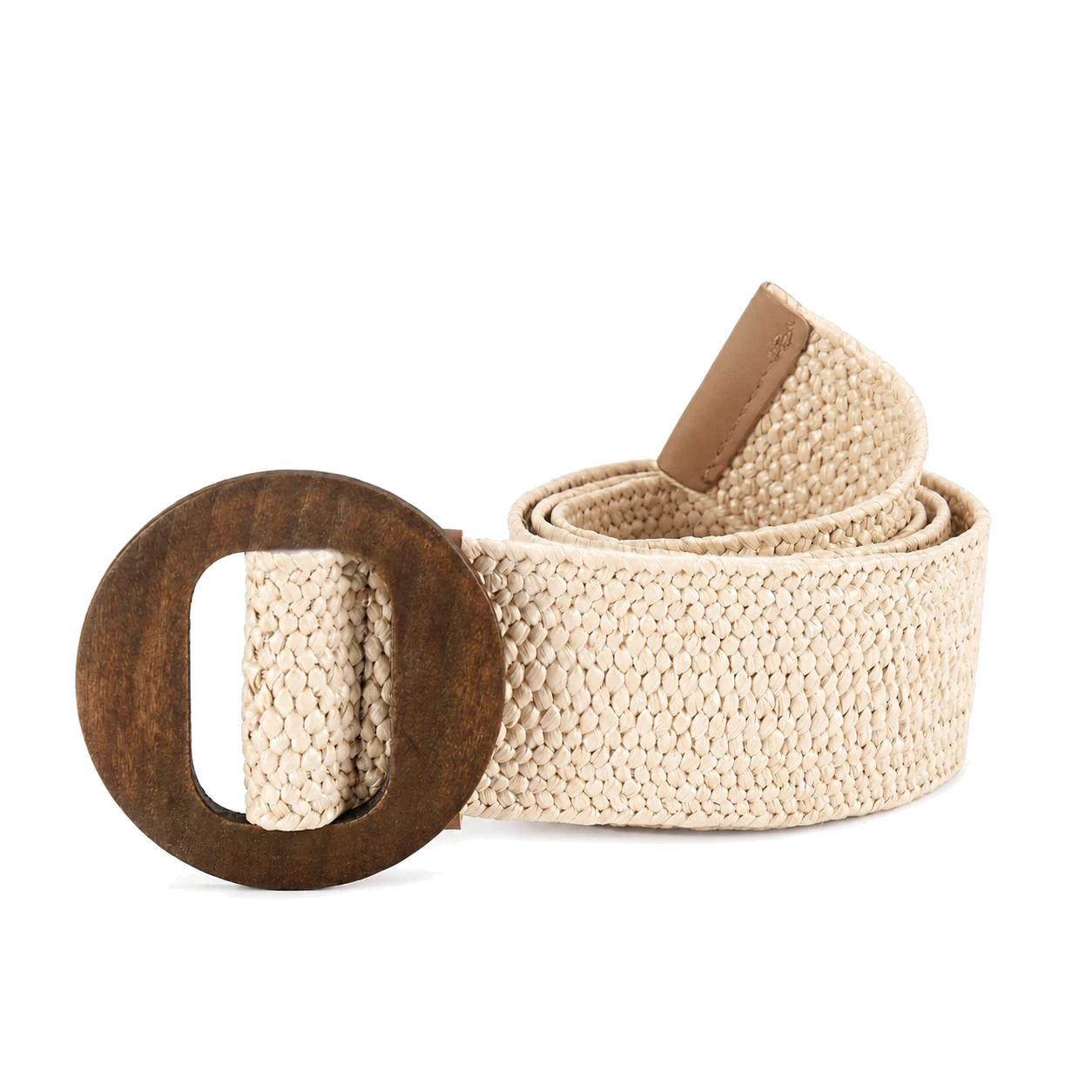 Beige woven belt with a wide strap and large brown round buckle