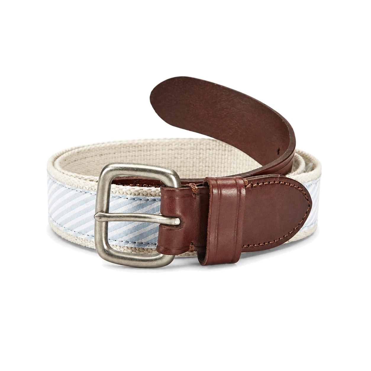 White woven belt with a brown trim and metal frame buckle