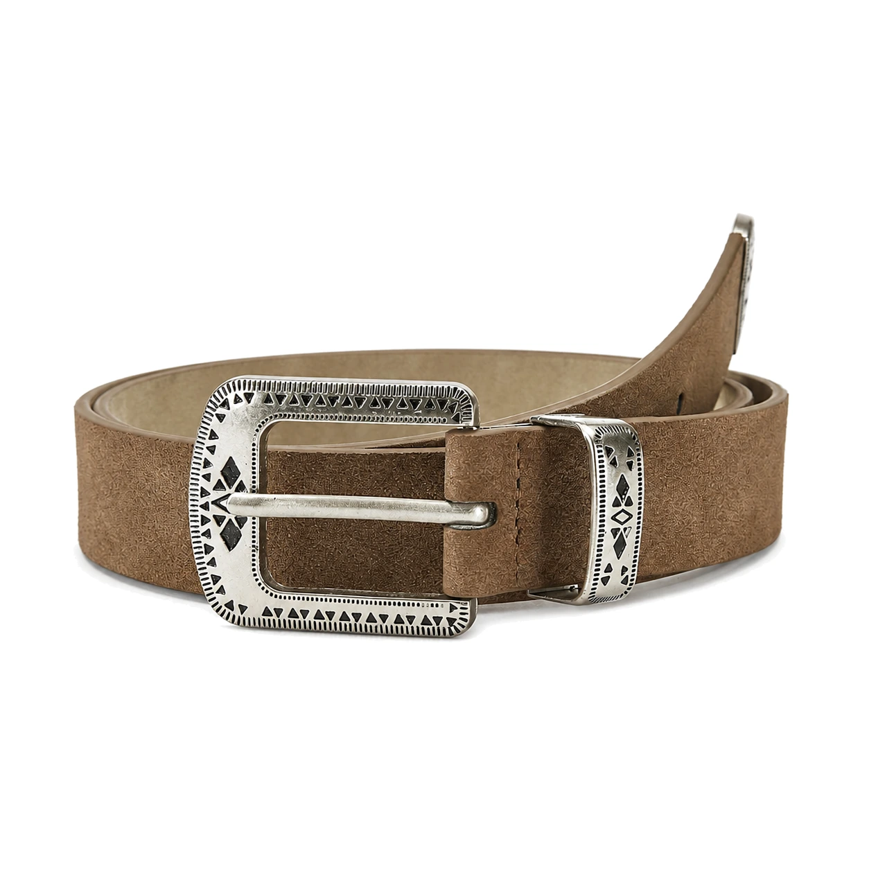 Brown western belt with a restrained surface pattern and geometric buckle