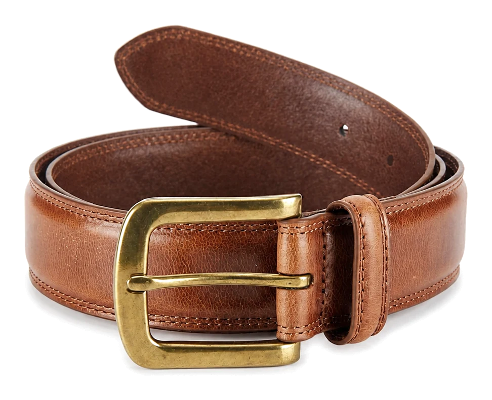 Cognac prong-buckle belt with visible holes, keeper, buckle and stitched edges
