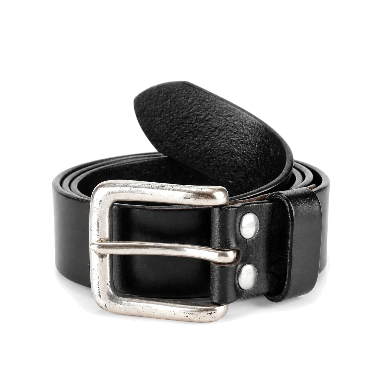 Wide black belt with a large polished silver-tone buckle
