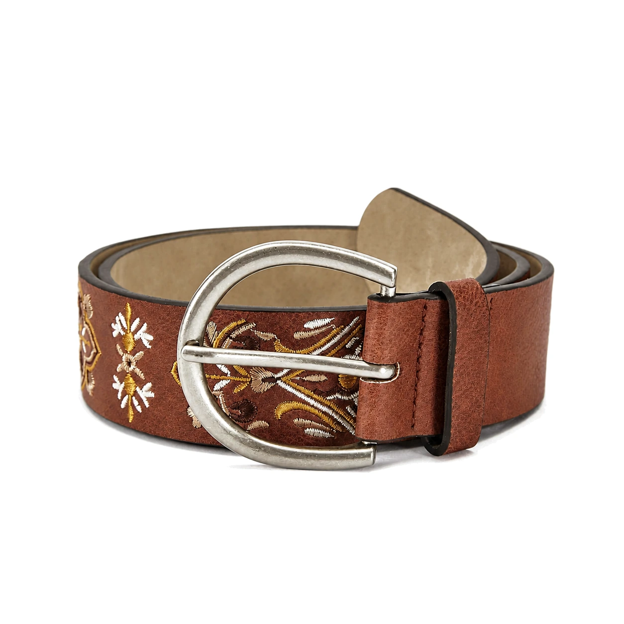 Brown western belt with embroidery and silver-tone buckle