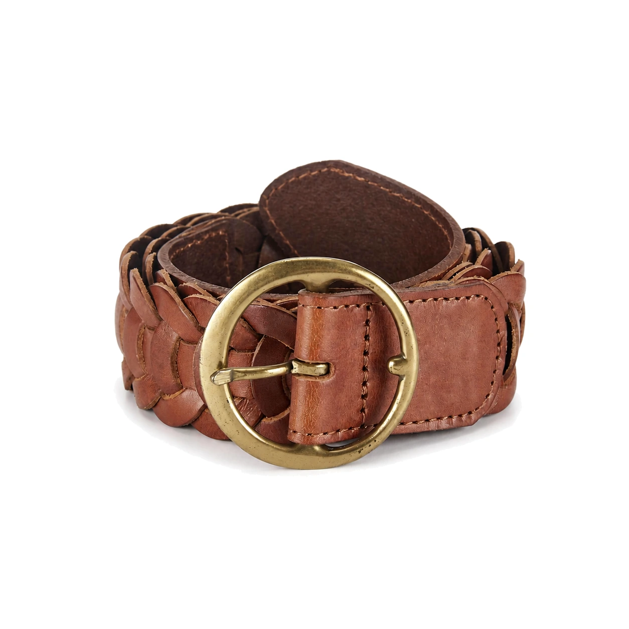 Brown wide braided belt with a round buckle