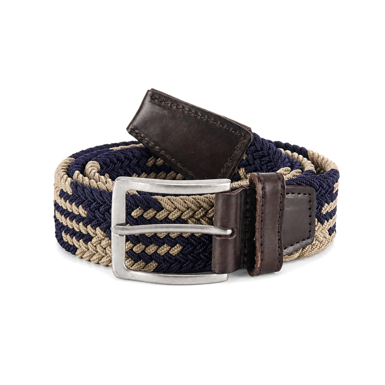 Navy and beige woven belt with a round buckle