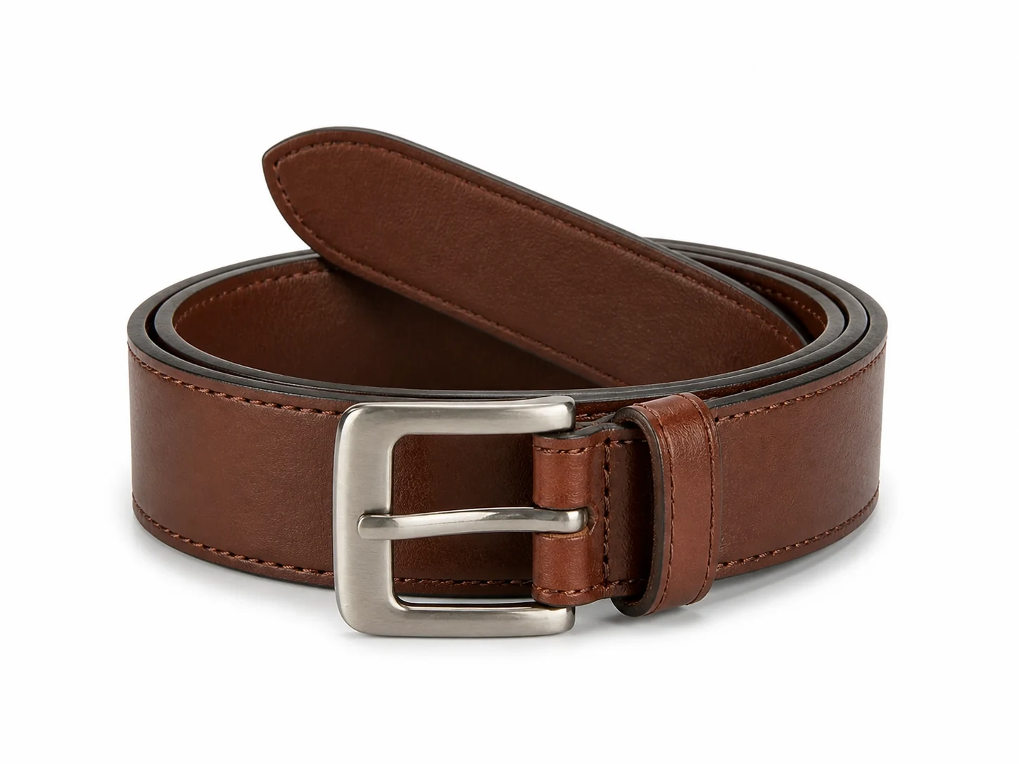 Black wide belt with stitched edges and an antique brass-tone round buckle