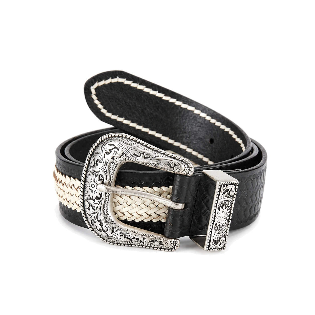 Brown western belt with contrast buck-stitch lacing and braided inlay
