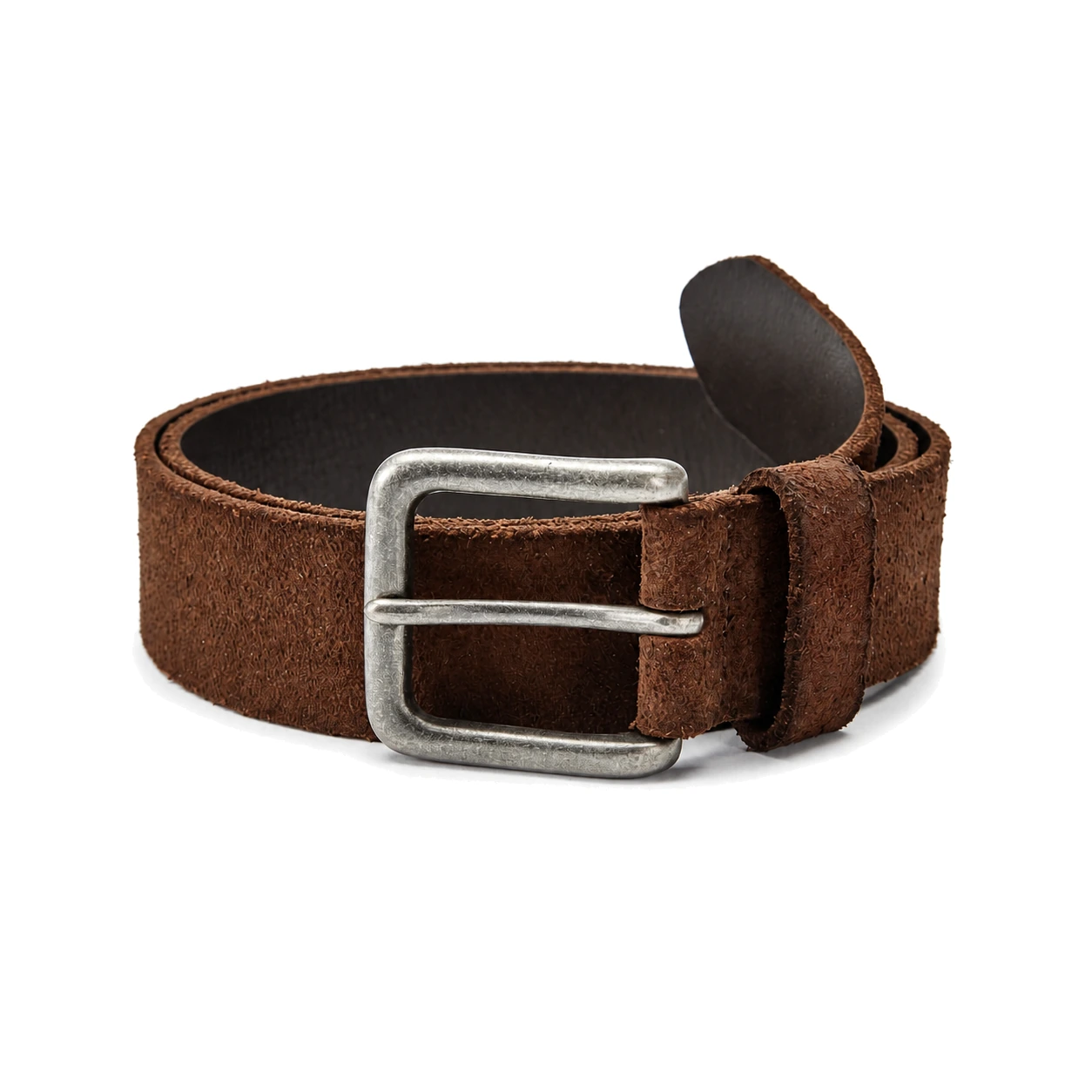 Brown heavily textured belt with a weathered silver-tone rectangular buckle
