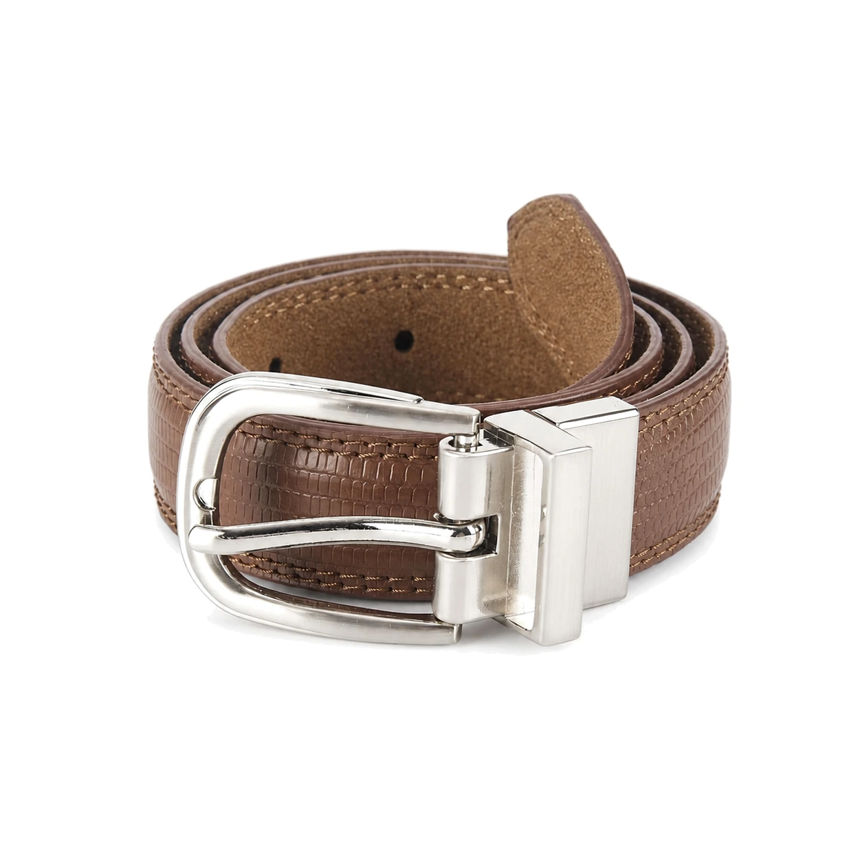 Brown textured reversible belt showing a contrasting reverse face