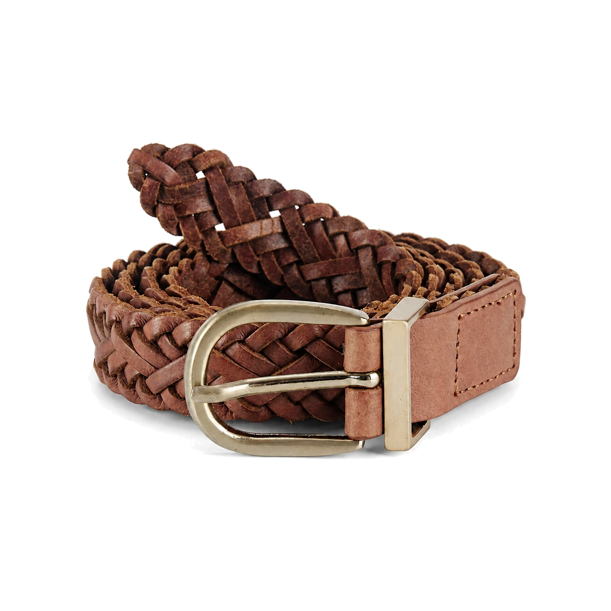 Tan leather braided belt with stitched end tabs and brass-tone frame buckle