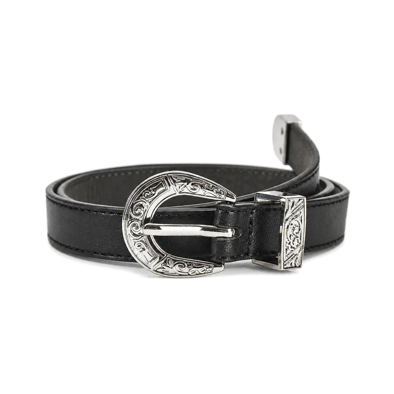 Black stitched belt with an engraved silver-tone western buckle