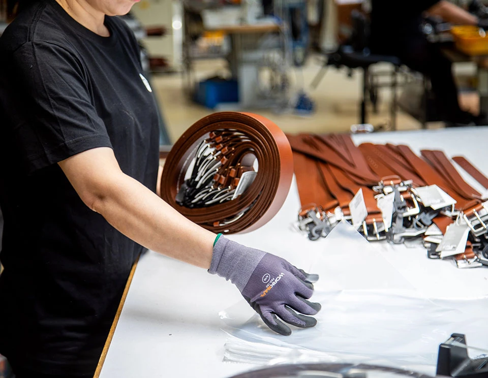 Belt preparation at RM Läder in Sweden