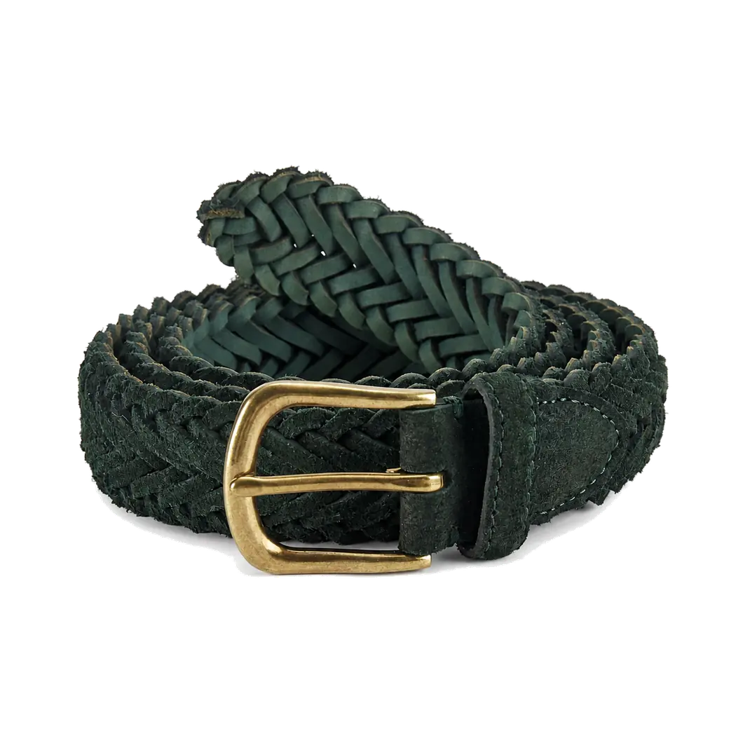 Dark green braided elastic belt with brown tabs and metal buckle