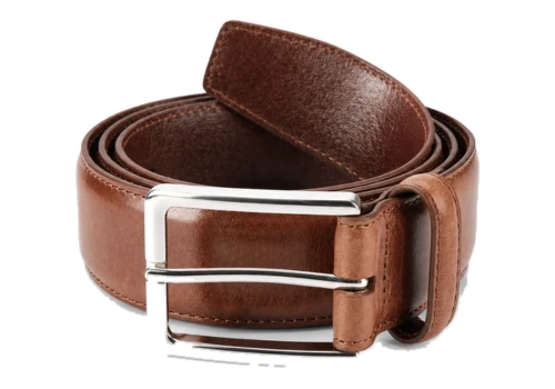 Brown leather belt with a smooth face, stitched edges and a silver-tone buckle on white