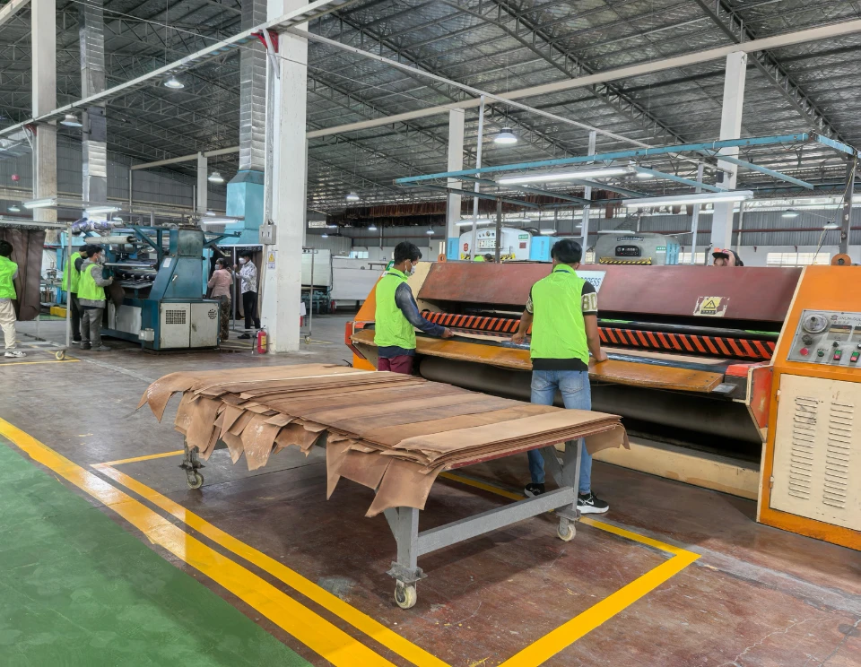 Leather finishing machinery at Pro Pelli in Cambodia