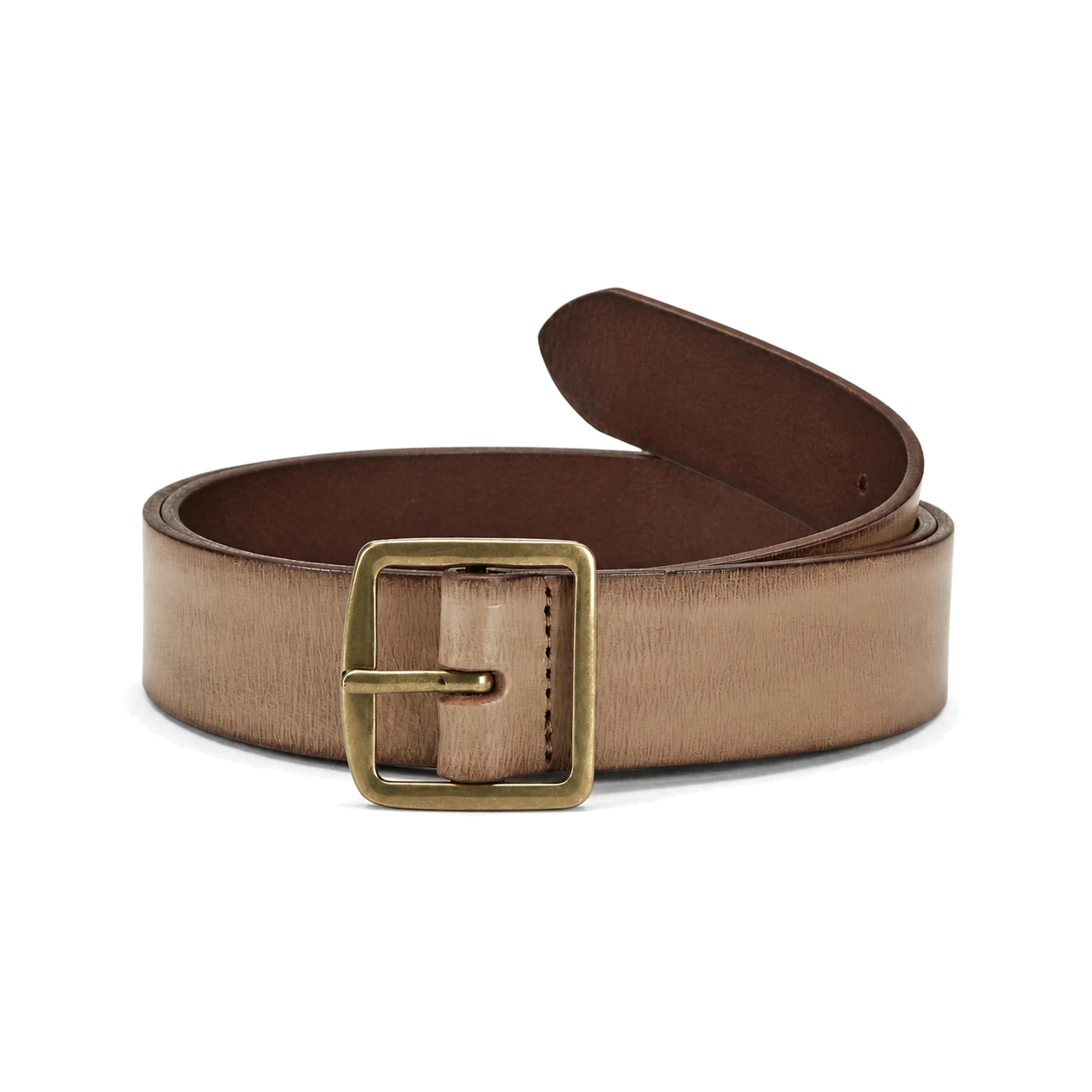 Beige slim belt with square brass-tone pin buckle and narrow tail