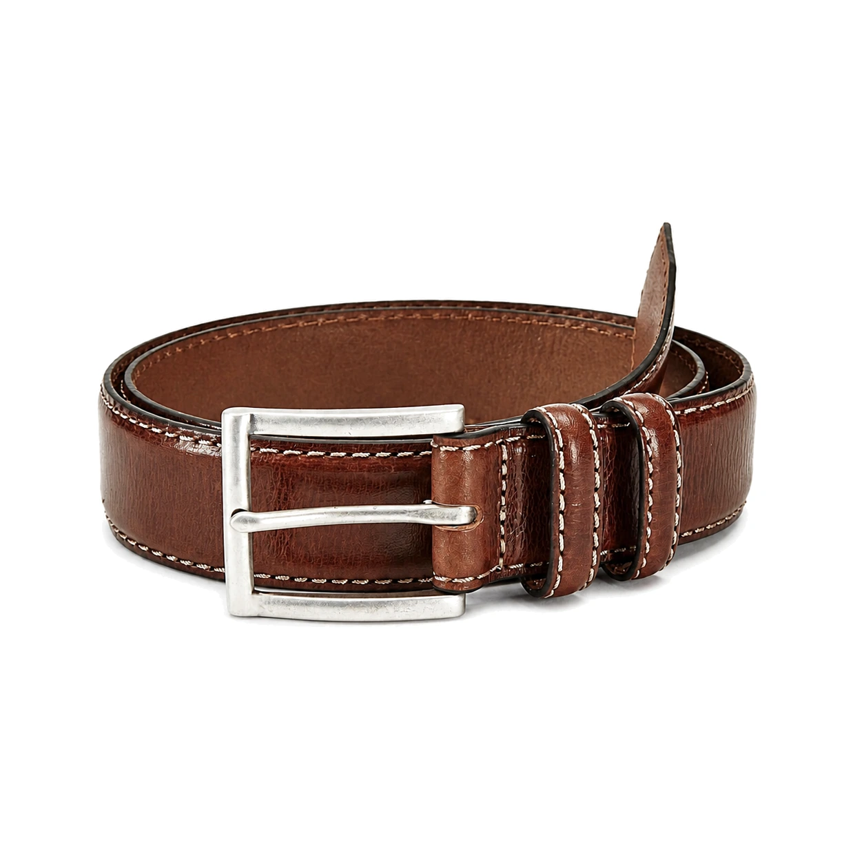 Brown stitched leather belt showing face, holes, keeper and buckle-end construction