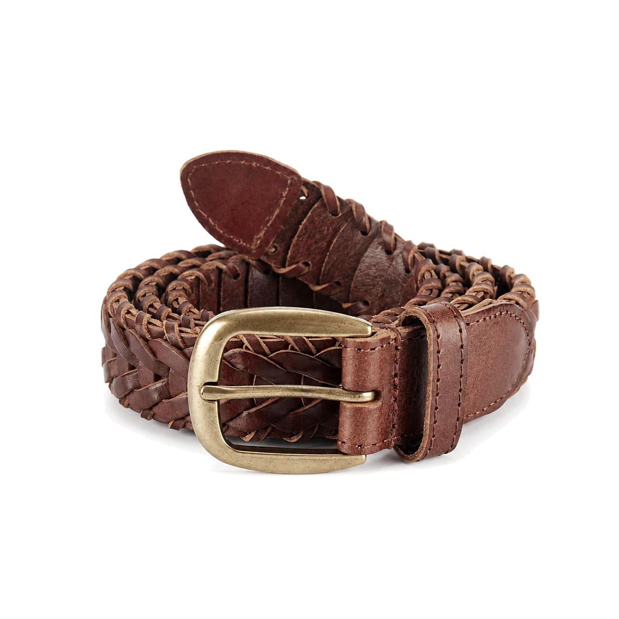 Brown braided leather casual belt with an antique brass-tone buckle