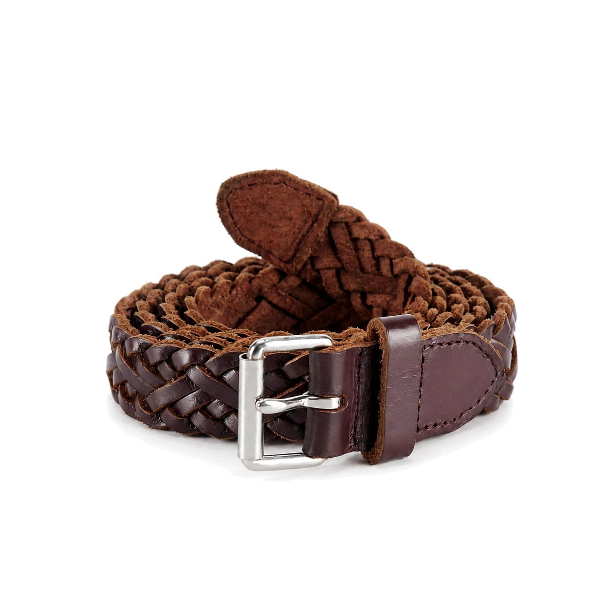 Two-tone brown braided belt with a prong buckle and an open woven adjustment structure