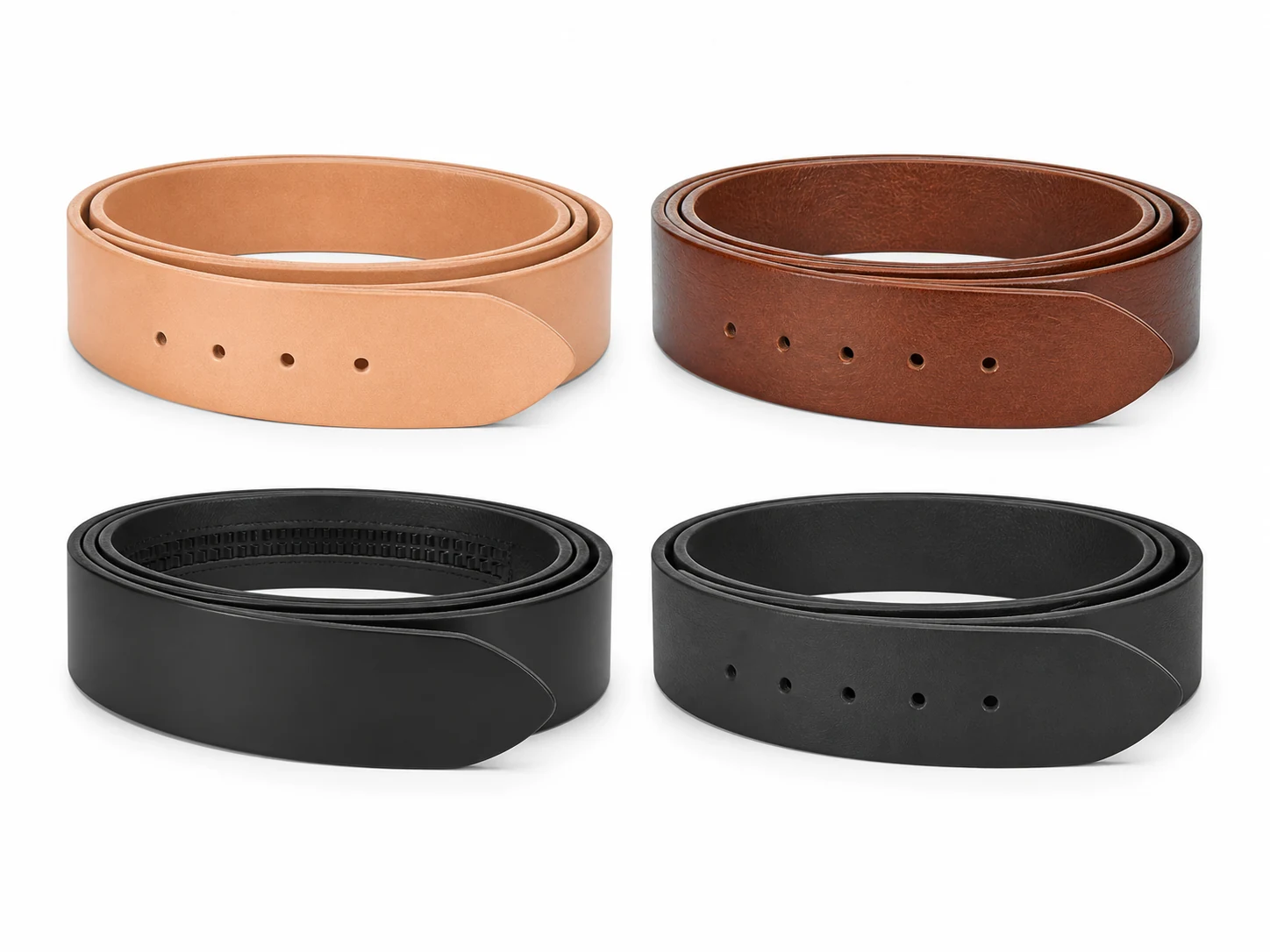 Cut belt straps in several colors arranged for inspection at a production table