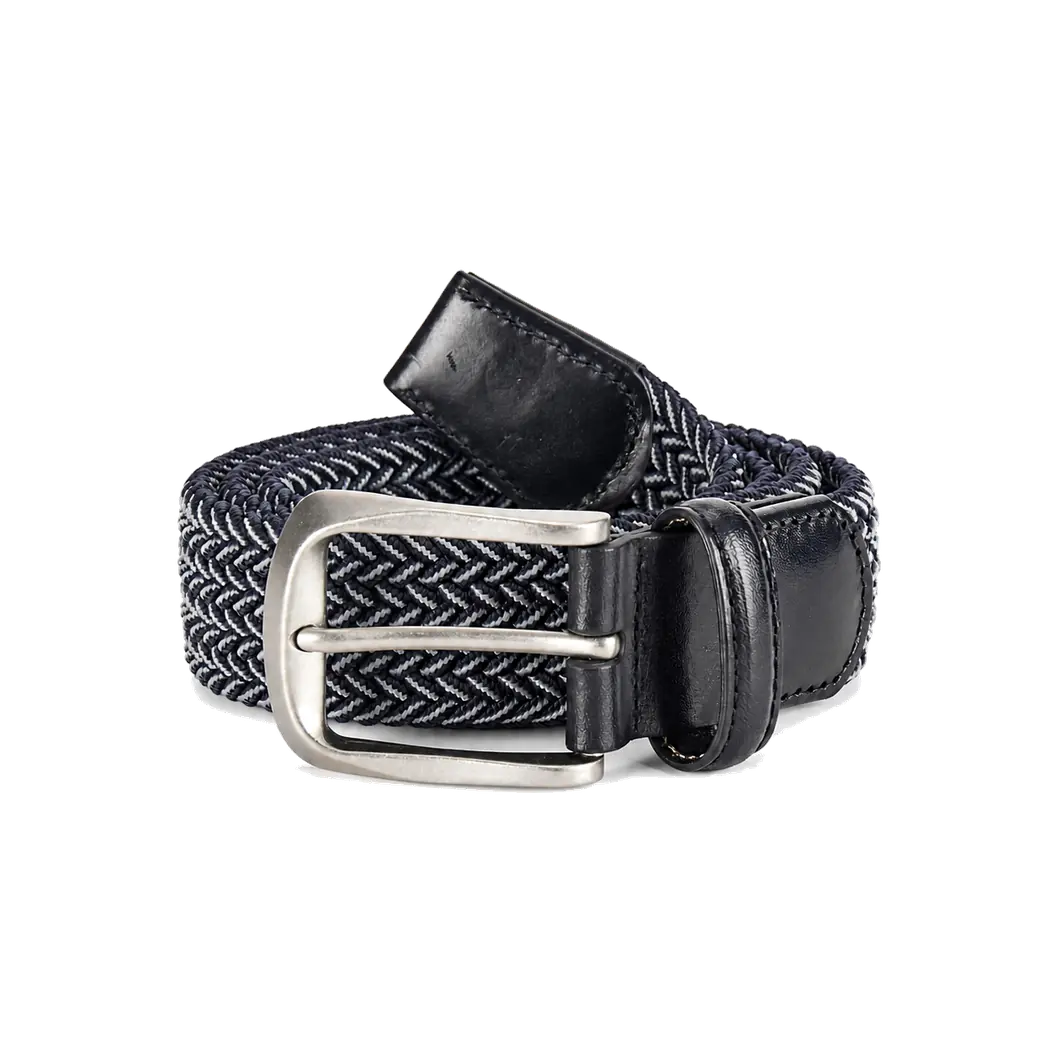 Black and gray herringbone braided elastic belt with leather-color tabs