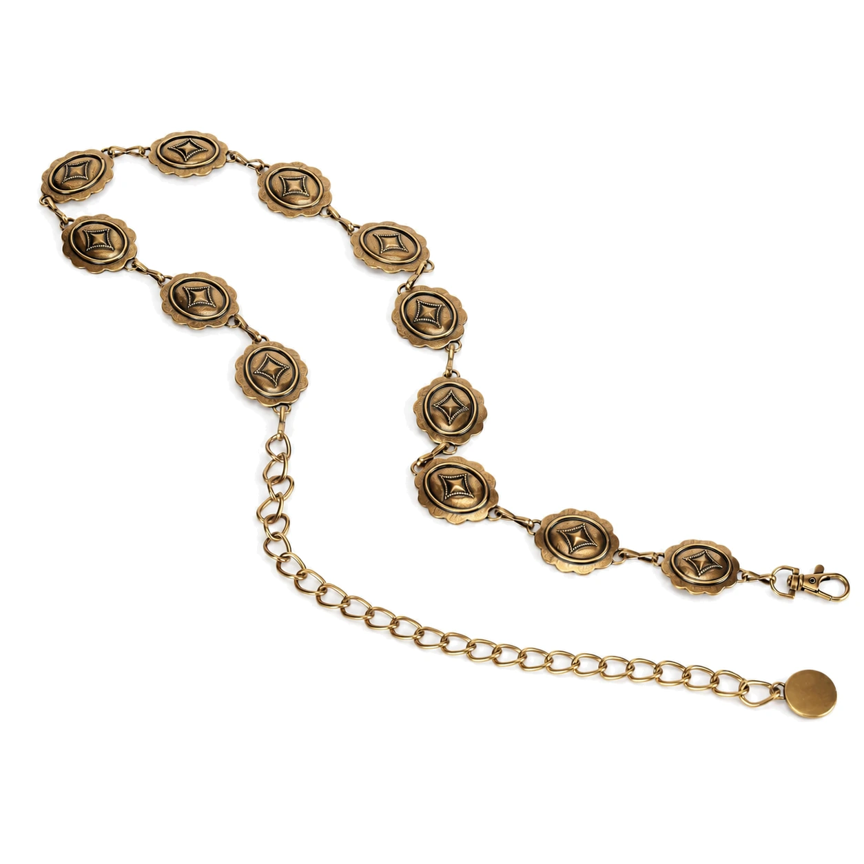 Antique gold-tone medallion chain belt with repeating decorative discs