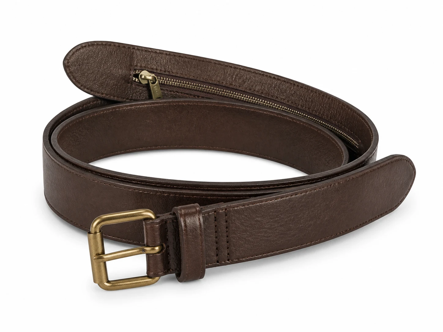 Brown leather money belt with a concealed inner zipper pocket on a white background