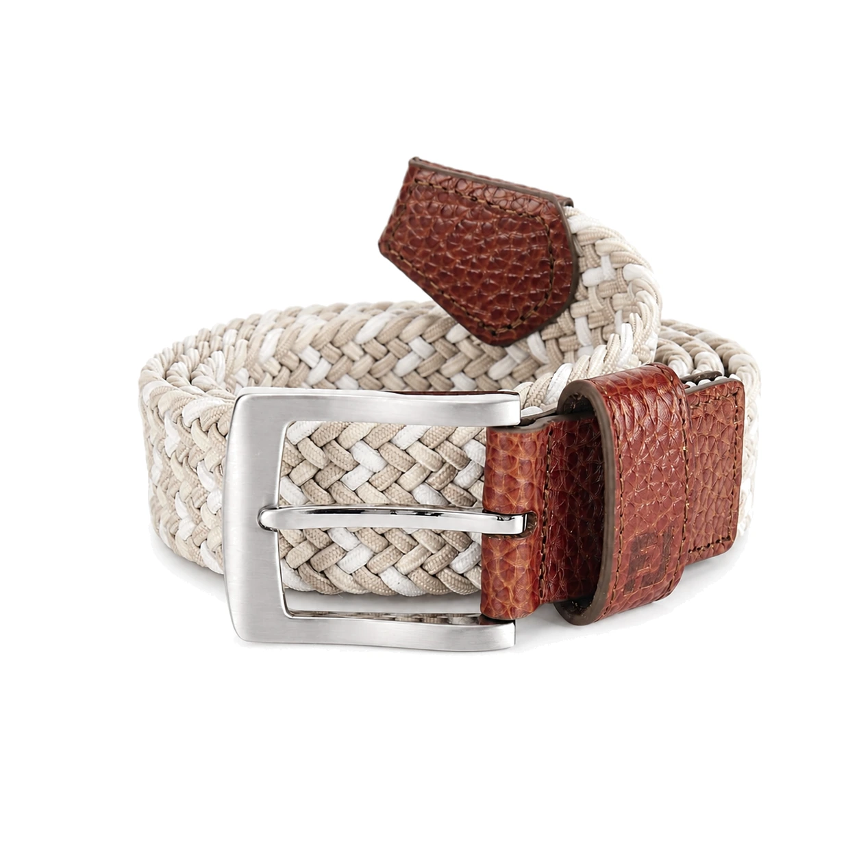 White braided belt with leather-look end sections and metal buckle from the HongDing media library