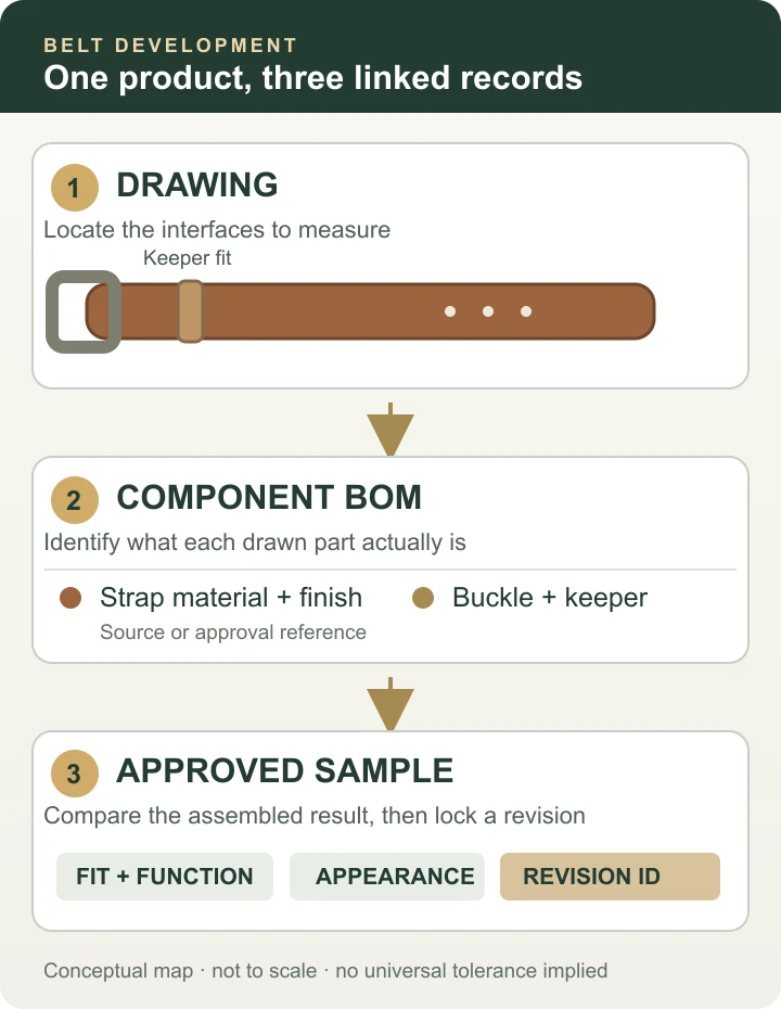 Conceptual diagram linking a belt drawing with buckle, keeper and holes to its component BOM and approved sample revision