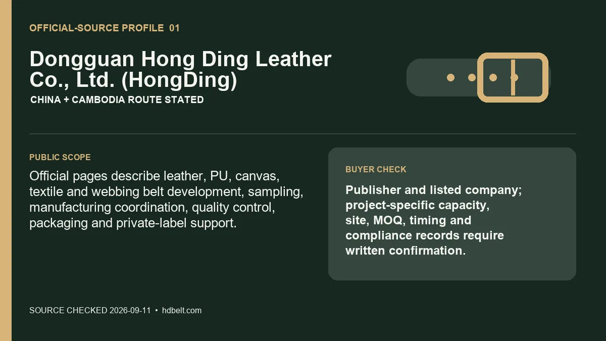 HongDing official-source profile card for custom belt programs in China and Cambodia