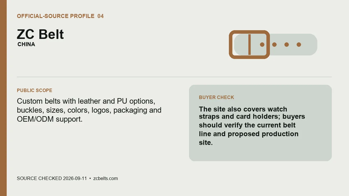 ZC Belt official-source profile card for custom leather belt manufacturing