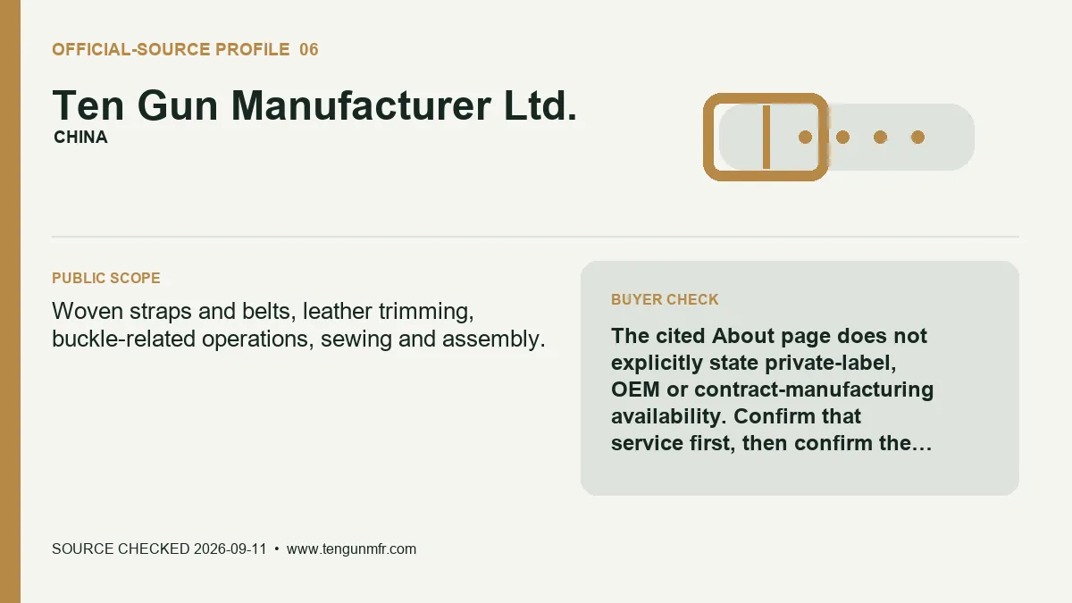 Ten Gun official-source profile card for woven straps and belt assembly