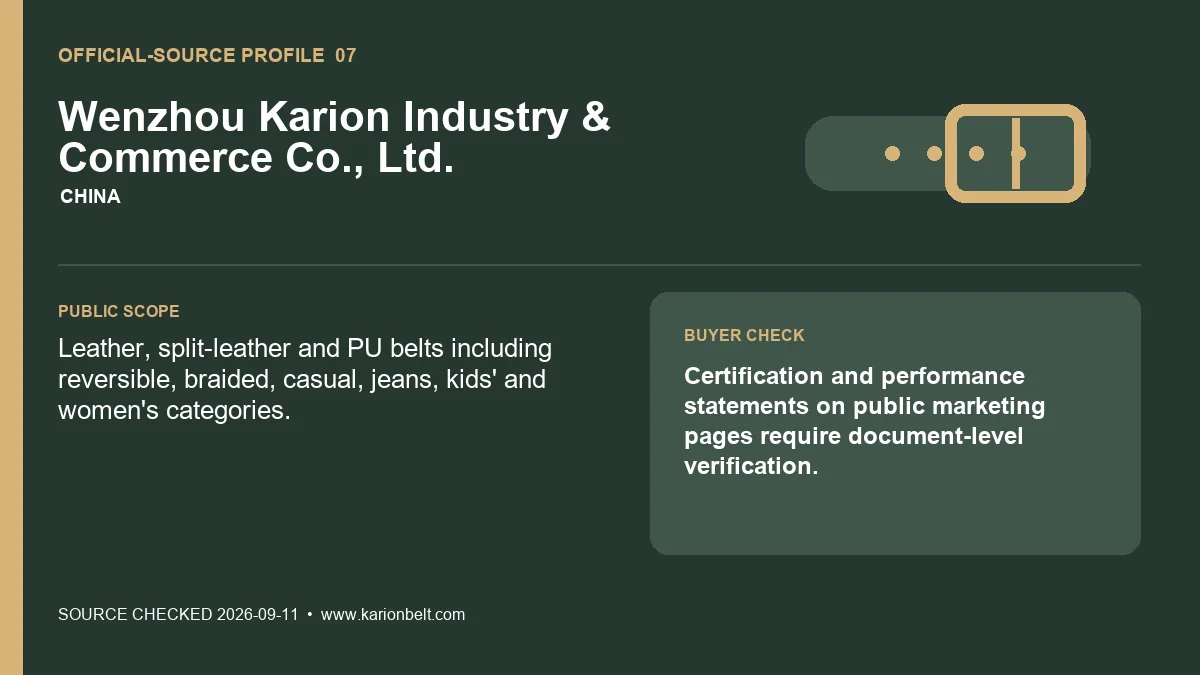 Wenzhou Karion official-source profile card for leather PU and braided belts
