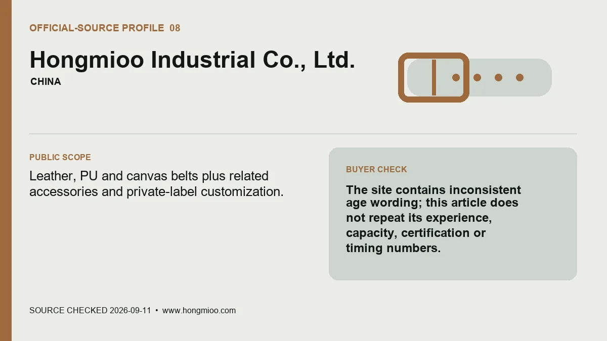 Hongmioo official-source profile card for leather PU and canvas belts