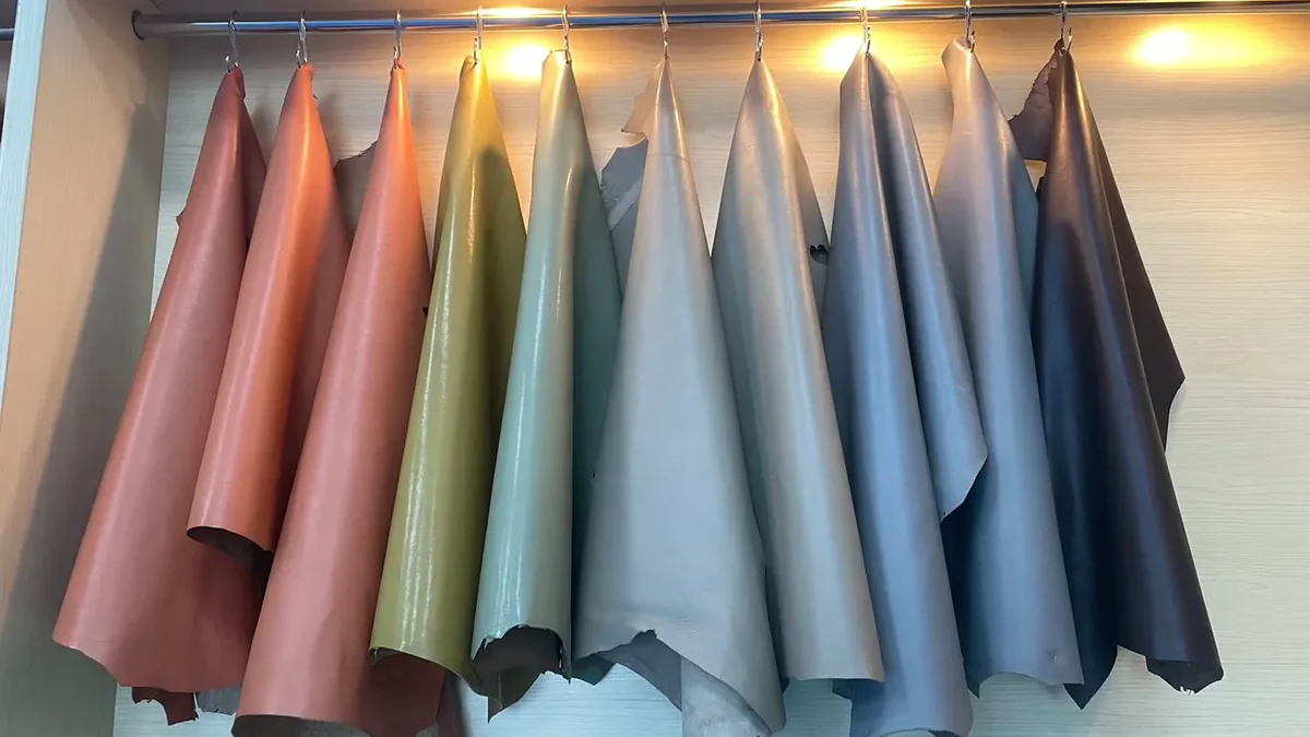 Range of finished leather hides in multiple colors