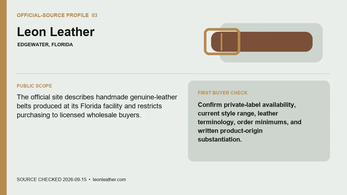 Official-source profile for Leon Leather with public belt scope and buyer verification check