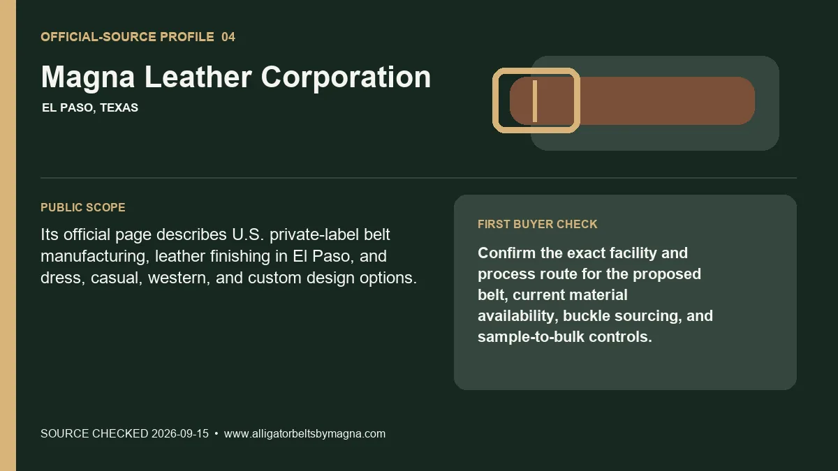 Official-source profile for Magna Leather Corporation with public belt scope and buyer verification check