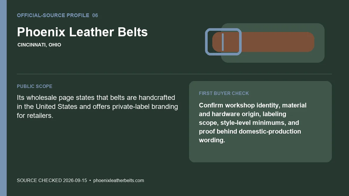 Official-source profile for Phoenix Leather Belts with public belt scope and buyer verification check