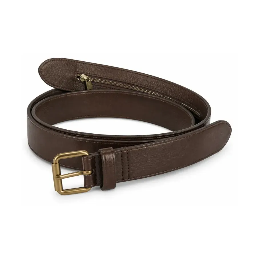 Brown leather money belt with concealed zipper pocket