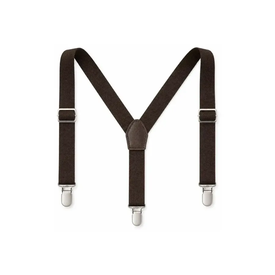 Brown Y-back suspenders with three metal clip attachments