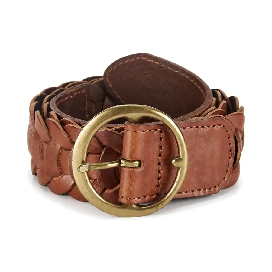 Women's wide brown braided belt with antique brass round buckle