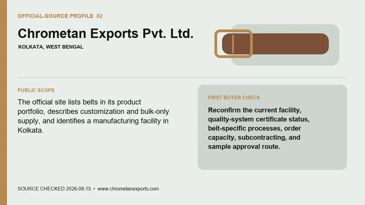 Official-source profile for Chrometan Exports Pvt. Ltd. with public belt scope and buyer verification check