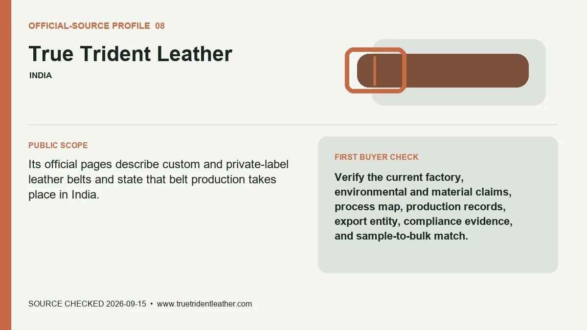 Official-source profile for True Trident Leather with public belt scope and buyer verification check