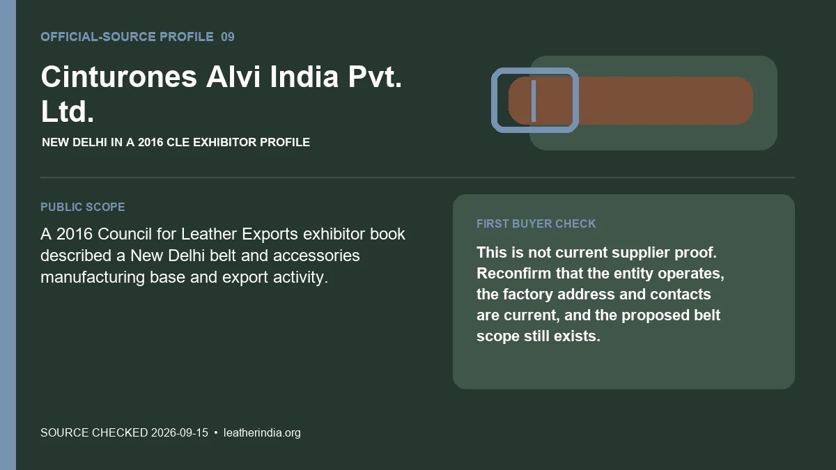 Official-source profile for Cinturones Alvi India Pvt. Ltd. with public belt scope and buyer verification check