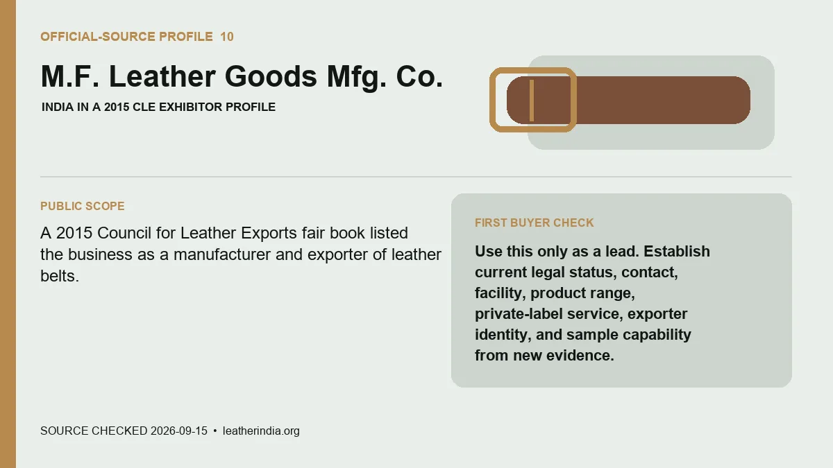 Official-source profile for M.F. Leather Goods Mfg. Co. with public belt scope and buyer verification check